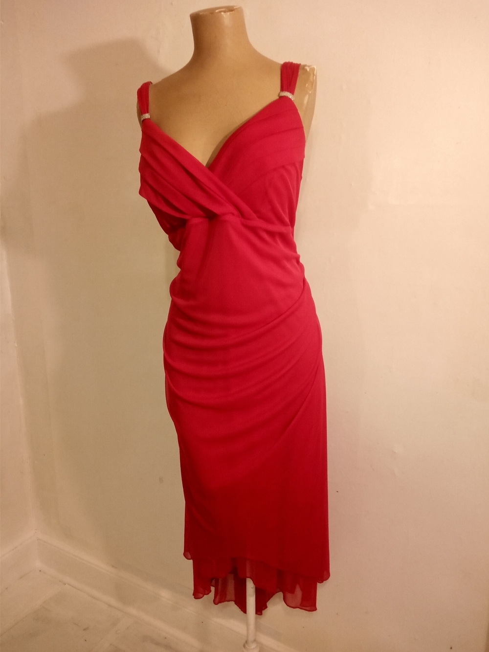 Red Sleeveless Wrap Midi Dress with Rhinestone Straps